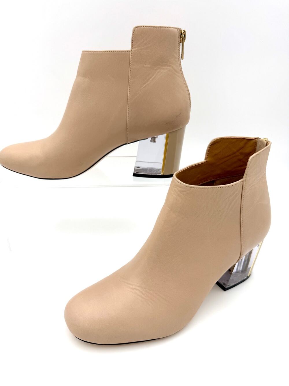 Calvin Klein Lorah Ankle Boots Cream Leather Size 8 Clear Block Heel